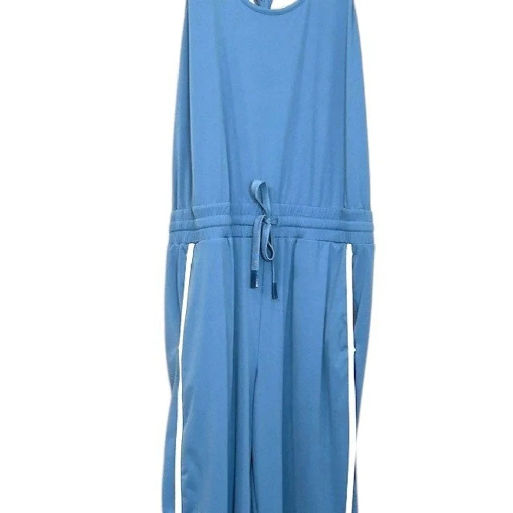 JoyLab Womens L Blue Athletic Wide Leg Jumpsuit Twist Back Stripe Leg Pockets - Picture 15 of 16